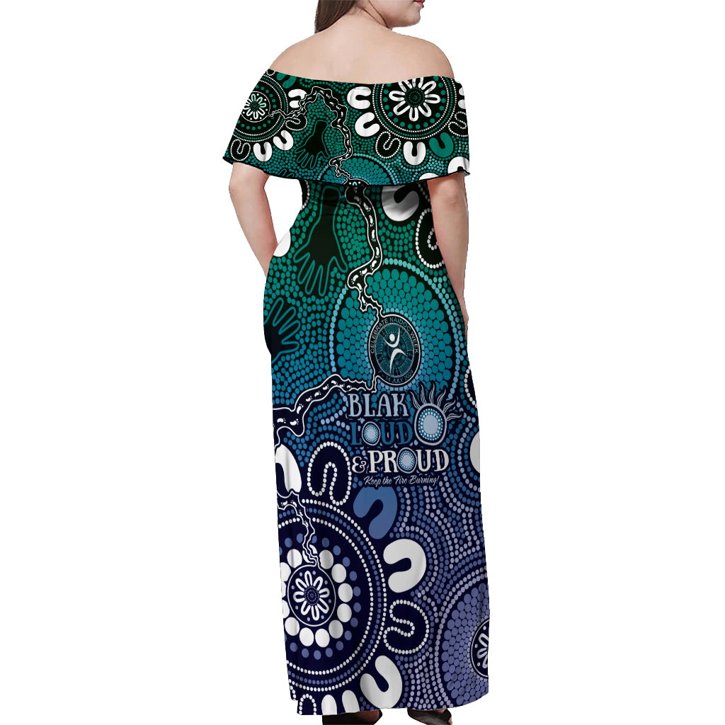 NAIDOC Week 2024 Fire Burning Off Shoulder Maxi Dress Aboriginal Dots Blue Art