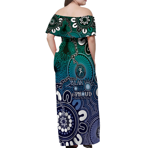 NAIDOC Week 2024 Fire Burning Off Shoulder Maxi Dress Aboriginal Dots Blue Art