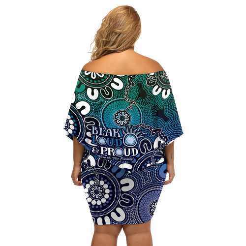 NAIDOC Week 2024 Fire Burning Off Shoulder Short Dress Aboriginal Dots Blue Art