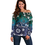 NAIDOC Week 2024 Fire Burning Off Shoulder Sweater Aboriginal Dots Blue Art
