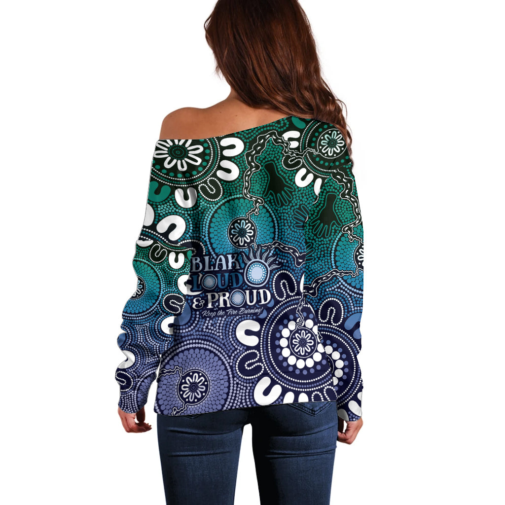 NAIDOC Week 2024 Fire Burning Off Shoulder Sweater Aboriginal Dots Blue Art