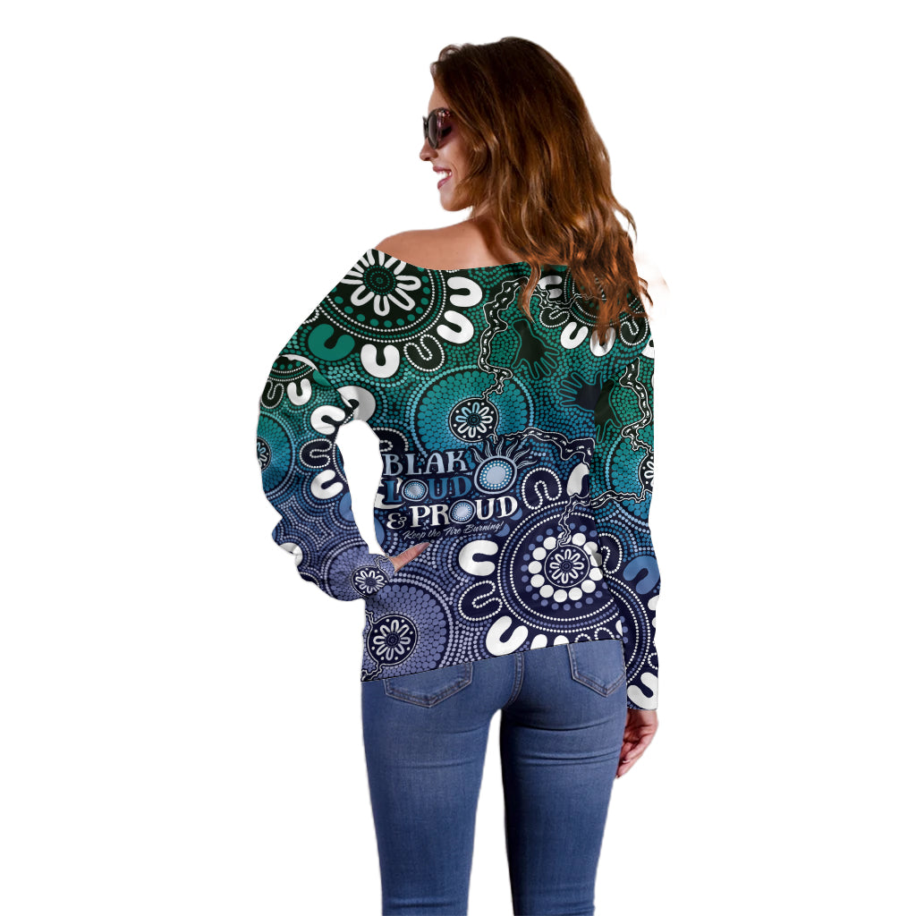 NAIDOC Week 2024 Fire Burning Off Shoulder Sweater Aboriginal Dots Blue Art