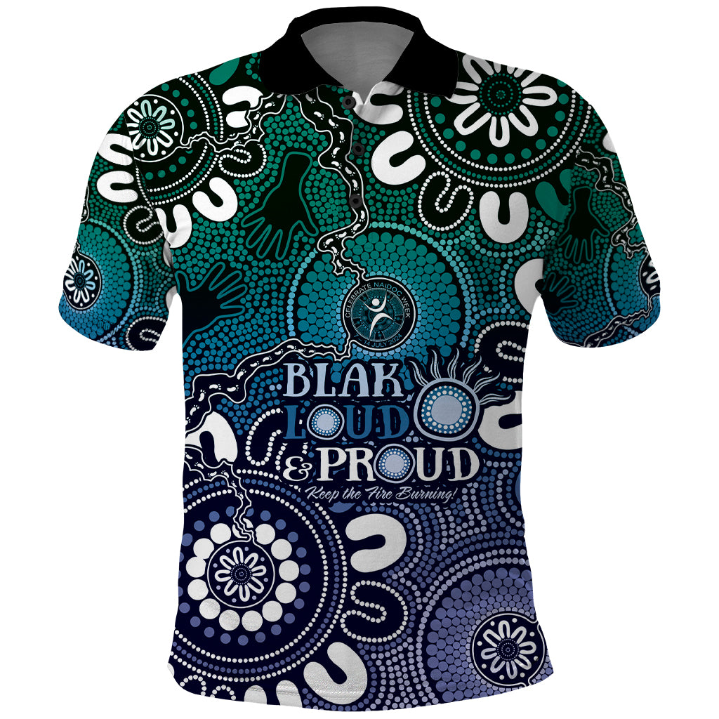 NAIDOC Week 2024 Fire Burning Polo Shirt Aboriginal Dots Blue Art