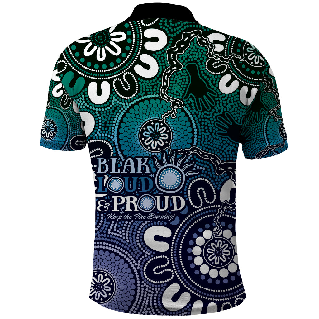 NAIDOC Week 2024 Fire Burning Polo Shirt Aboriginal Dots Blue Art