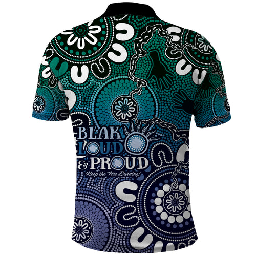 NAIDOC Week 2024 Fire Burning Polo Shirt Aboriginal Dots Blue Art