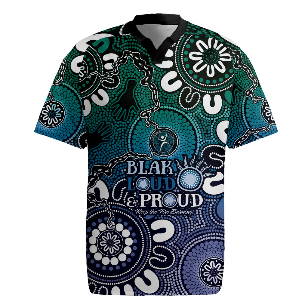 NAIDOC Week 2024 Fire Burning Rugby Jersey Aboriginal Dots Blue Art