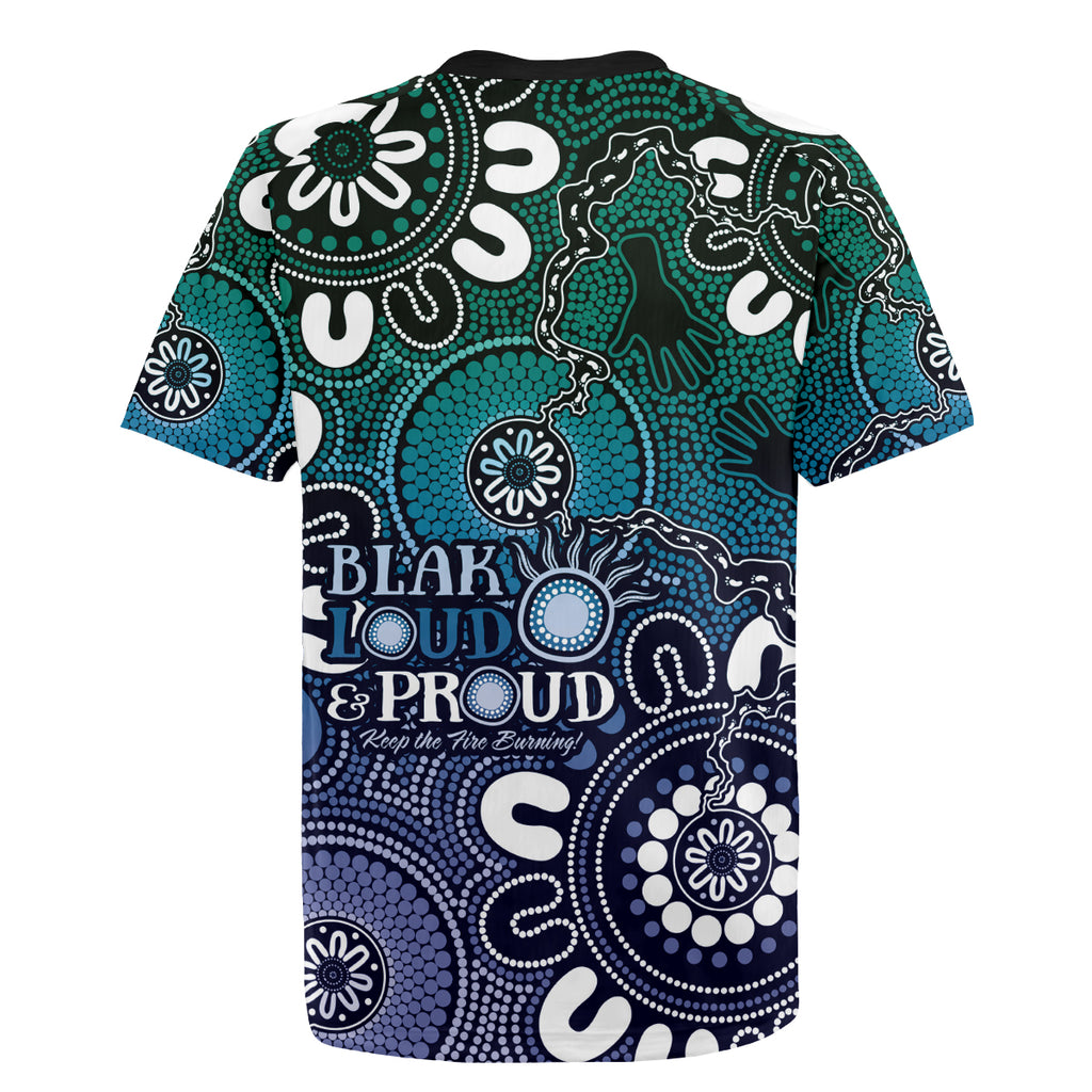 NAIDOC Week 2024 Fire Burning Rugby Jersey Aboriginal Dots Blue Art