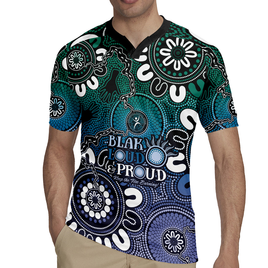 NAIDOC Week 2024 Fire Burning Rugby Jersey Aboriginal Dots Blue Art
