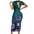 NAIDOC Week 2024 Fire Burning Short Sleeve Bodycon Dress Aboriginal Dots Blue Art