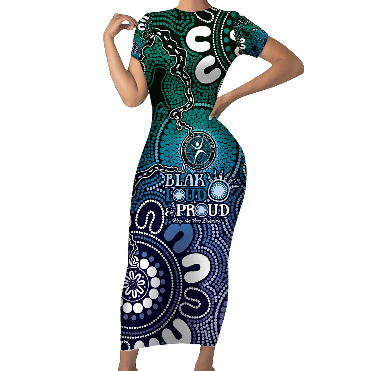 NAIDOC Week 2024 Fire Burning Short Sleeve Bodycon Dress Aboriginal Dots Blue Art