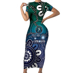 NAIDOC Week 2024 Fire Burning Short Sleeve Bodycon Dress Aboriginal Dots Blue Art
