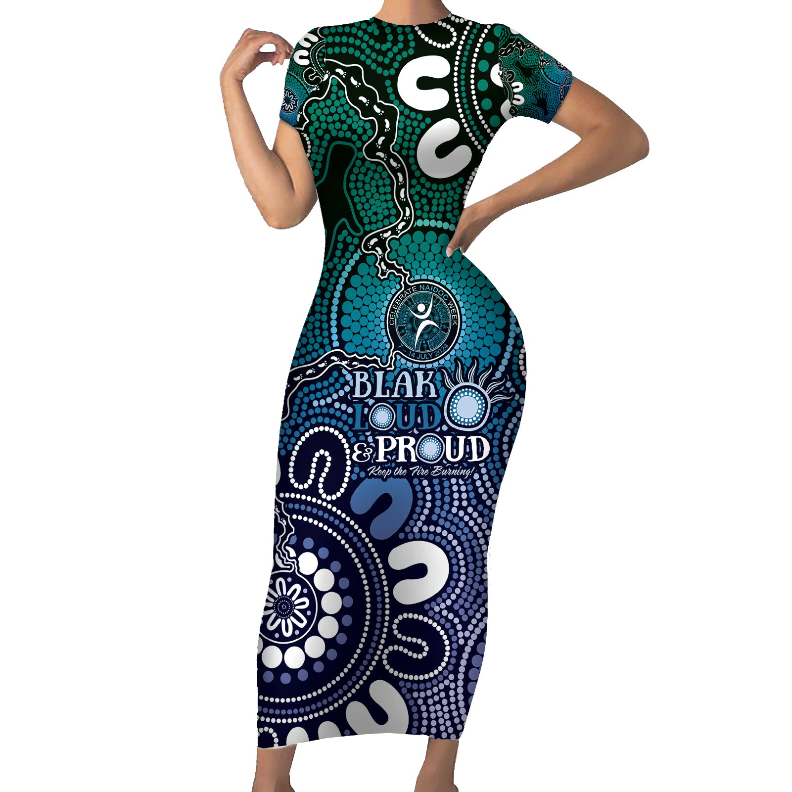 NAIDOC Week 2024 Fire Burning Short Sleeve Bodycon Dress Aboriginal Dots Blue Art