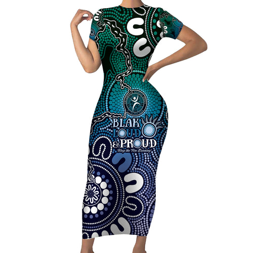 NAIDOC Week 2024 Fire Burning Short Sleeve Bodycon Dress Aboriginal Dots Blue Art