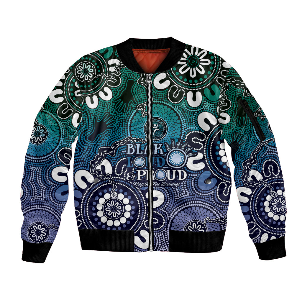 NAIDOC Week 2024 Fire Burning Sleeve Zip Bomber Jacket Aboriginal Dots Blue Art
