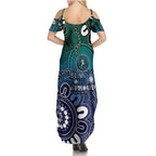 NAIDOC Week 2024 Fire Burning Summer Maxi Dress Aboriginal Dots Blue Art