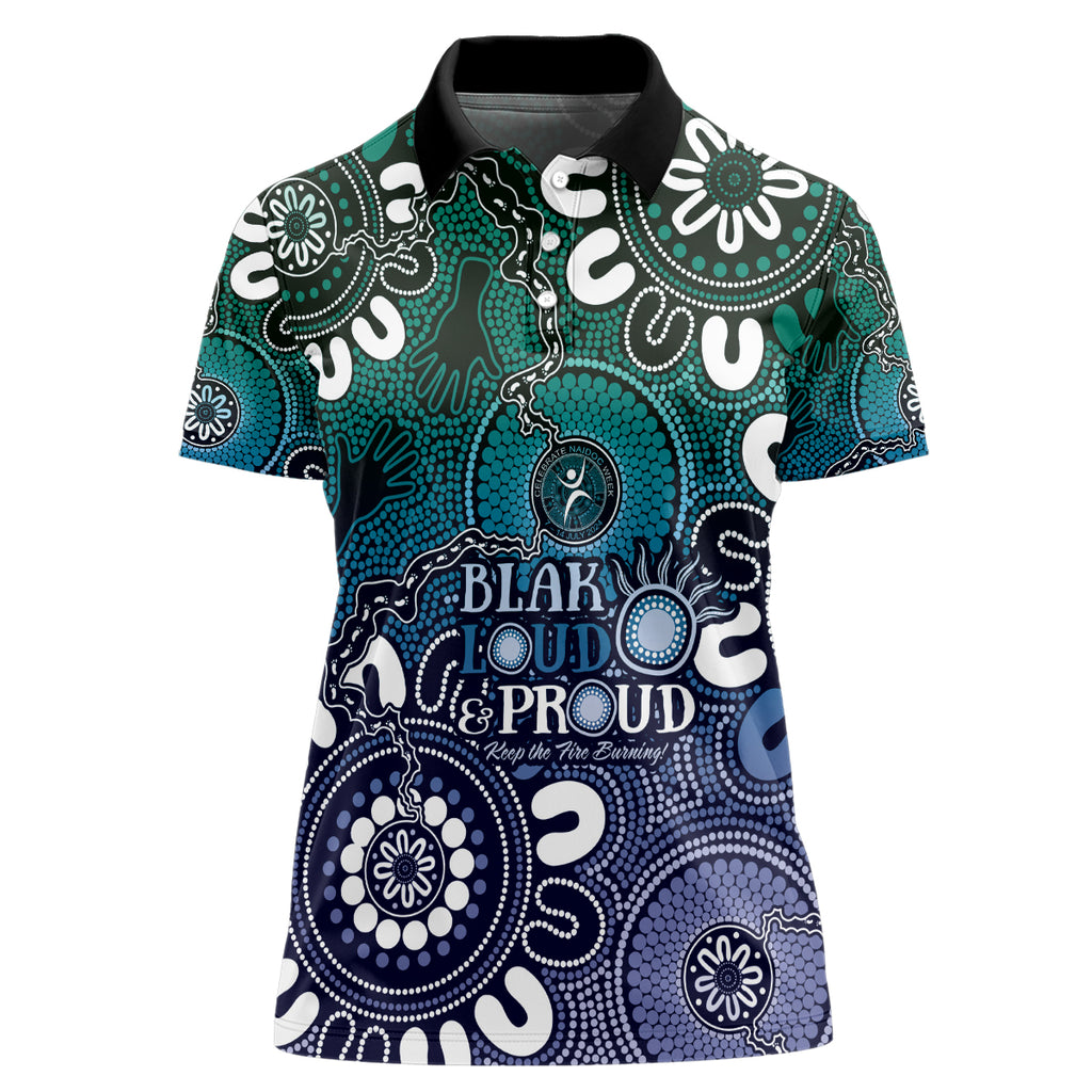 NAIDOC Week 2024 Fire Burning Women Polo Shirt Aboriginal Dots Blue Art