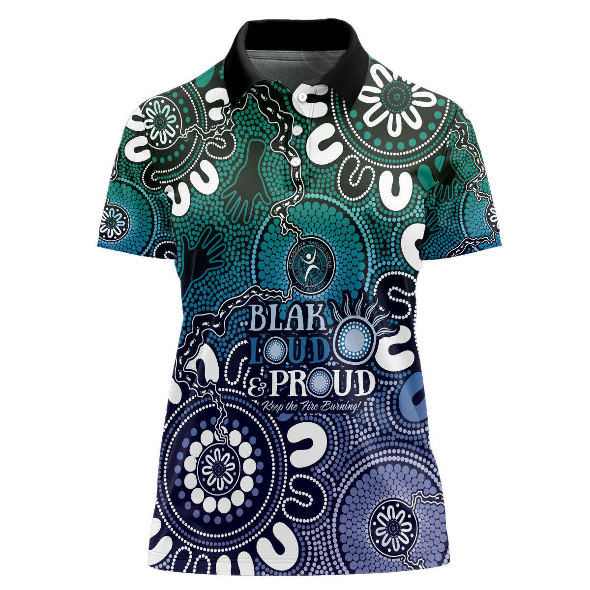 NAIDOC Week 2024 Fire Burning Women Polo Shirt Aboriginal Dots Blue Art