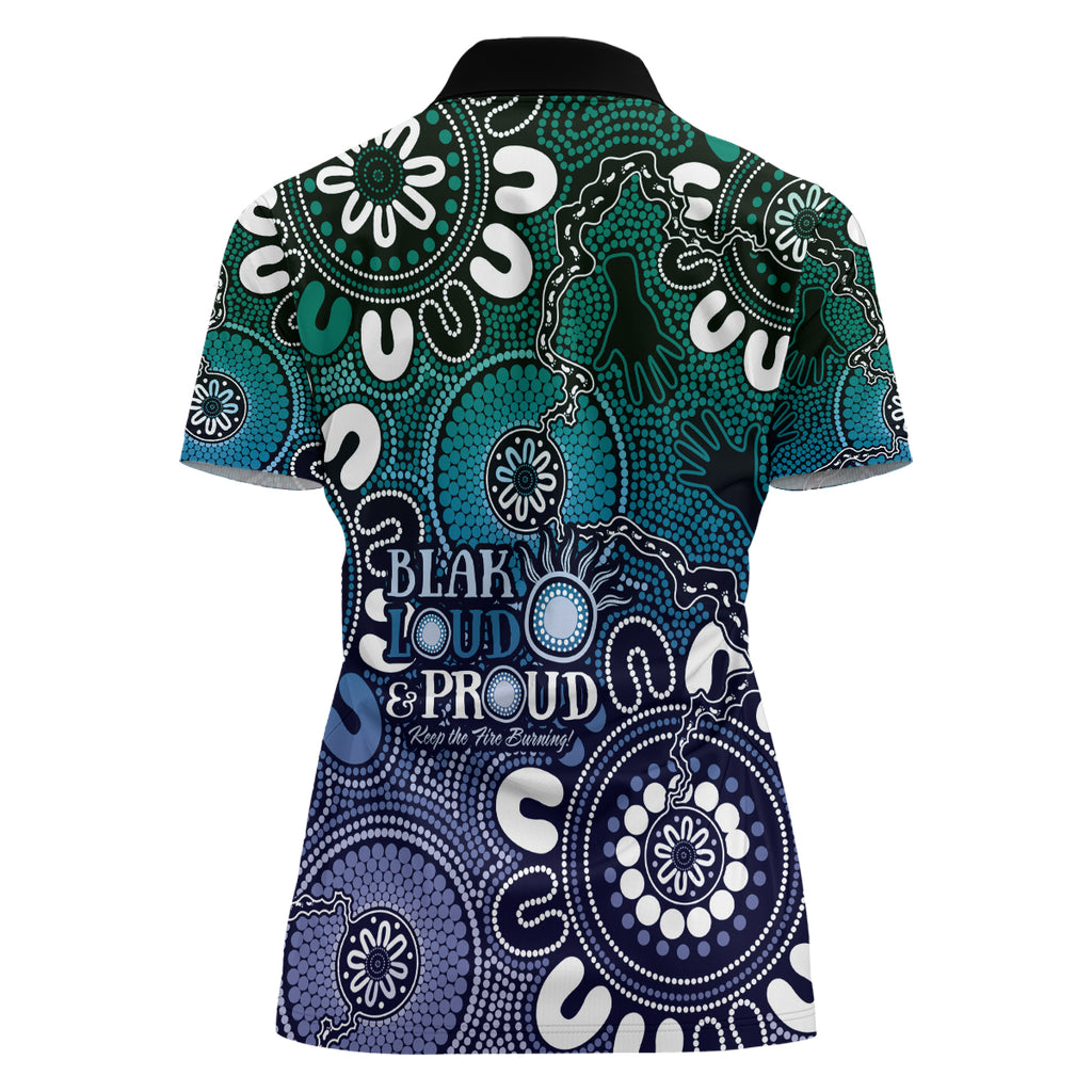 NAIDOC Week 2024 Fire Burning Women Polo Shirt Aboriginal Dots Blue Art