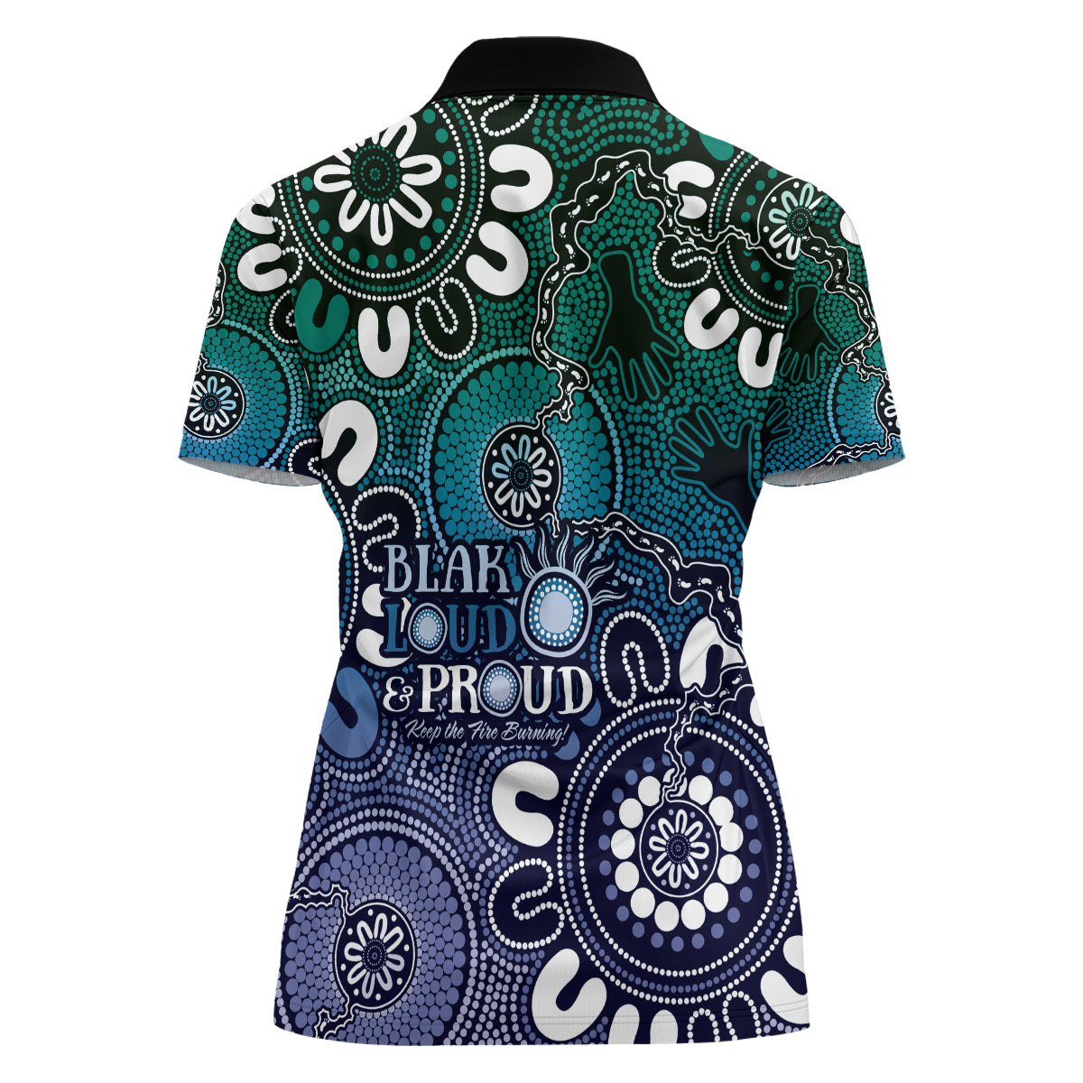 NAIDOC Week 2024 Fire Burning Women Polo Shirt Aboriginal Dots Blue Art