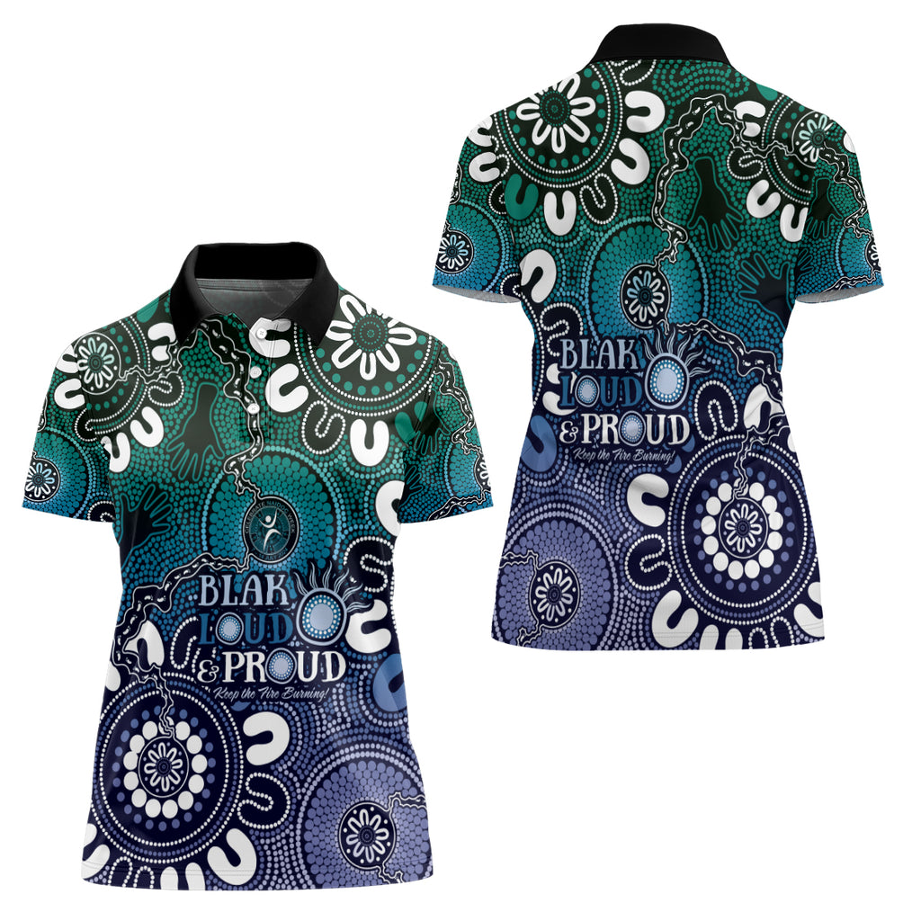 NAIDOC Week 2024 Fire Burning Women Polo Shirt Aboriginal Dots Blue Art