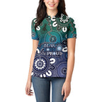 NAIDOC Week 2024 Fire Burning Women Polo Shirt Aboriginal Dots Blue Art