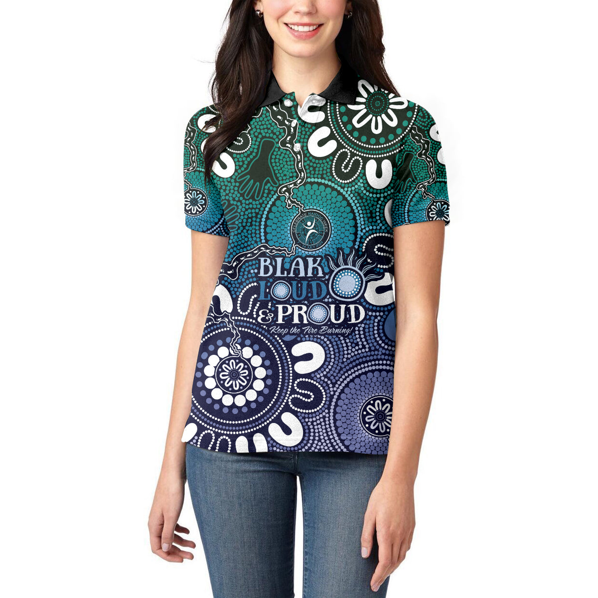 NAIDOC Week 2024 Fire Burning Women Polo Shirt Aboriginal Dots Blue Art