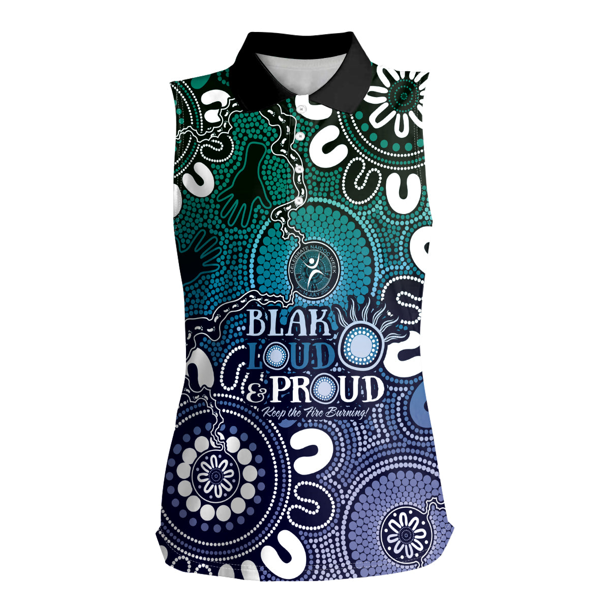NAIDOC Week 2024 Fire Burning Women Sleeveless Polo Shirt Aboriginal Dots Blue Art