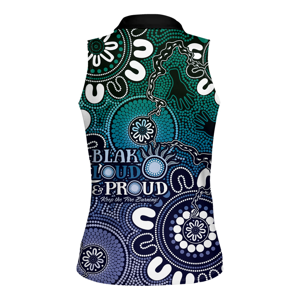 NAIDOC Week 2024 Fire Burning Women Sleeveless Polo Shirt Aboriginal Dots Blue Art