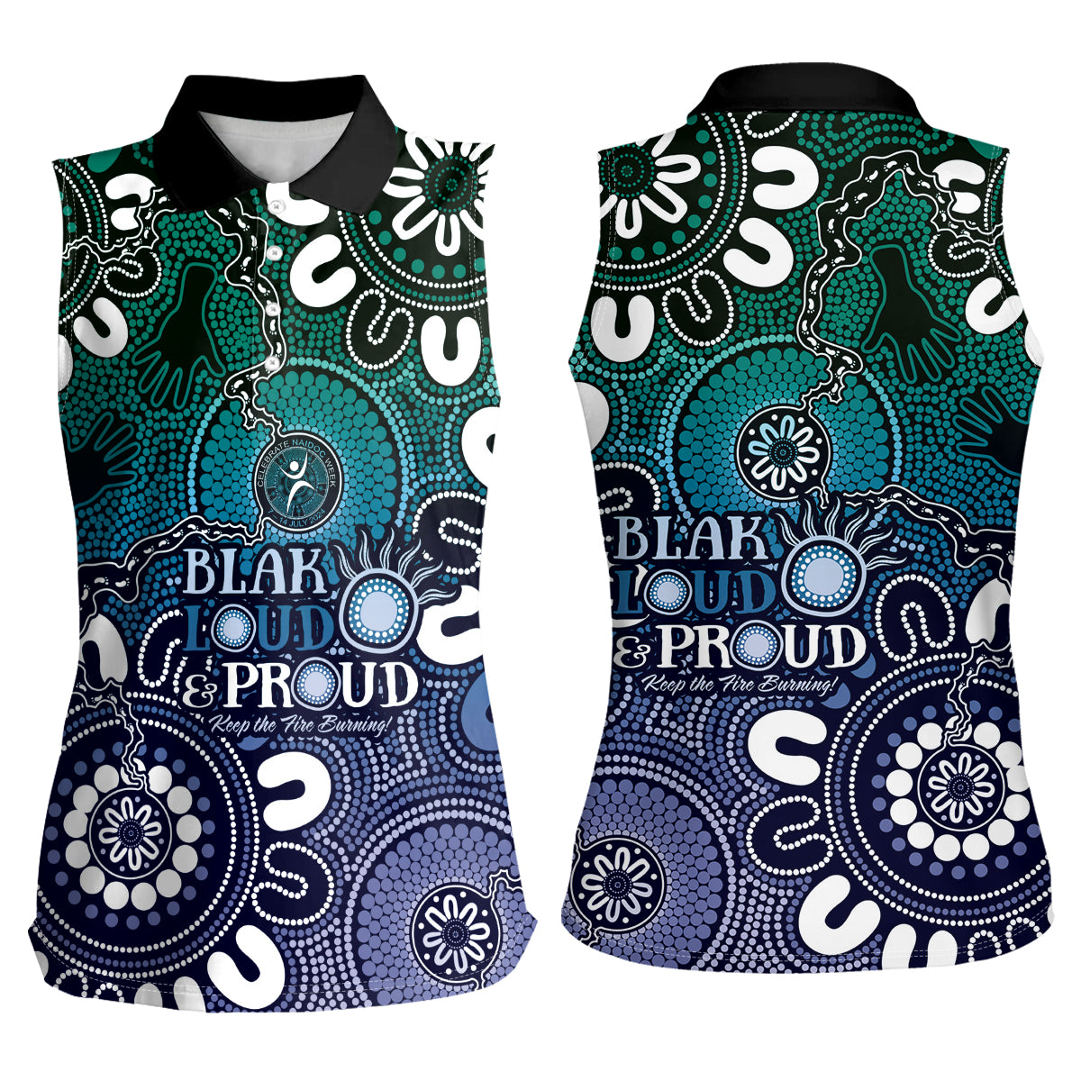 NAIDOC Week 2024 Fire Burning Women Sleeveless Polo Shirt Aboriginal Dots Blue Art