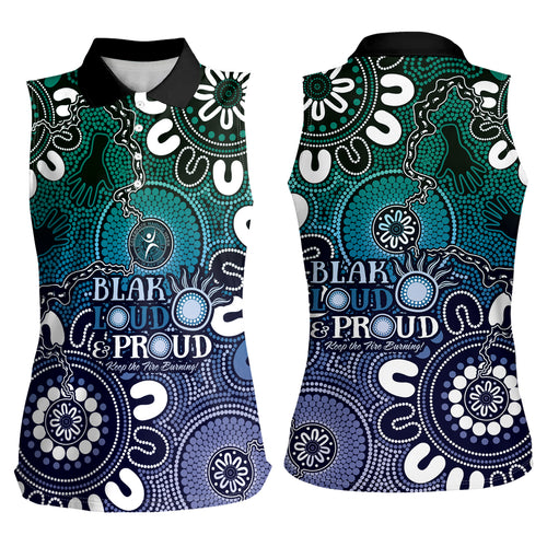 NAIDOC Week 2024 Fire Burning Women Sleeveless Polo Shirt Aboriginal Dots Blue Art