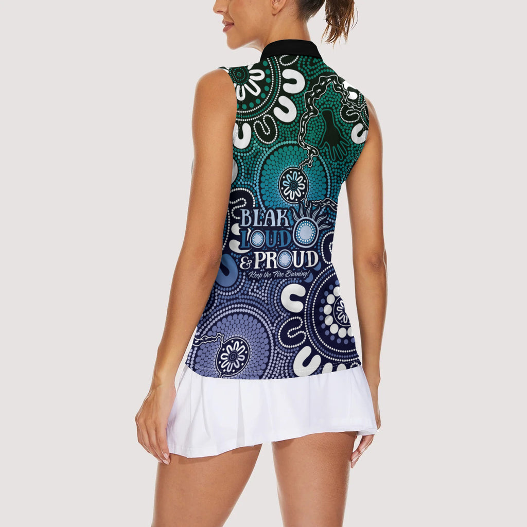 NAIDOC Week 2024 Fire Burning Women Sleeveless Polo Shirt Aboriginal Dots Blue Art