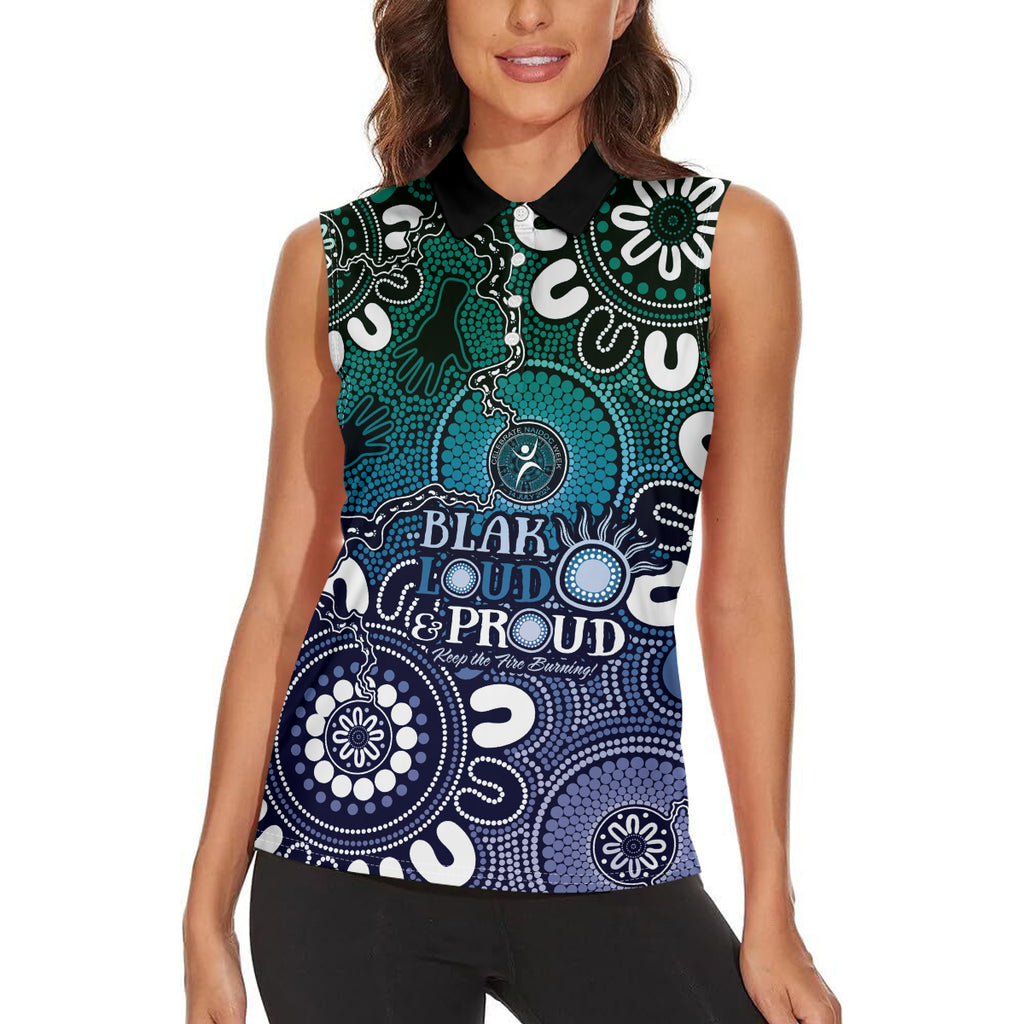 NAIDOC Week 2024 Fire Burning Women Sleeveless Polo Shirt Aboriginal Dots Blue Art