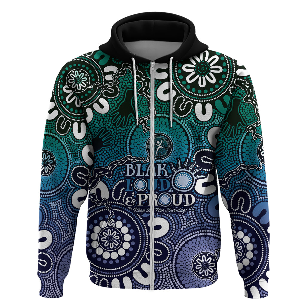 NAIDOC Week 2024 Fire Burning Zip Hoodie Aboriginal Dots Blue Art