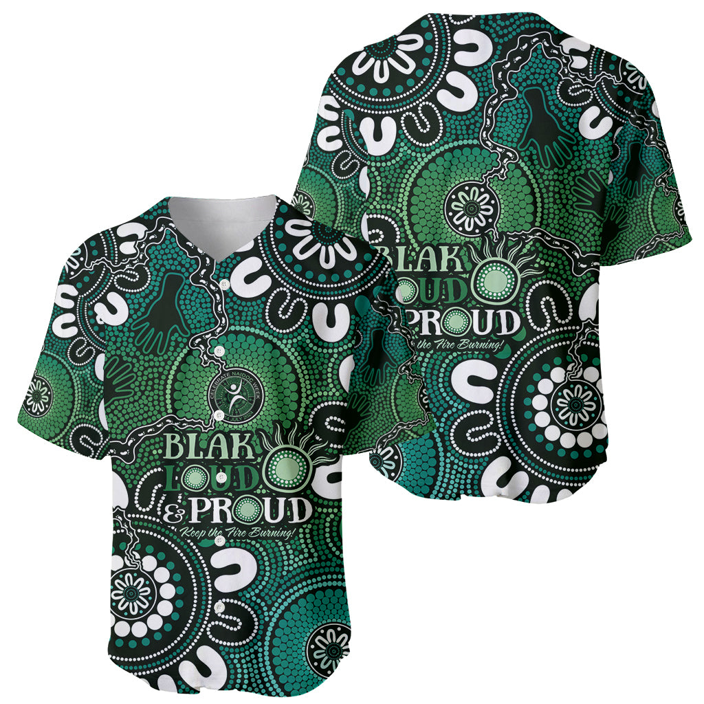 NAIDOC Week 2024 Fire Burning Baseball Jersey Aboriginal Dots Green Art