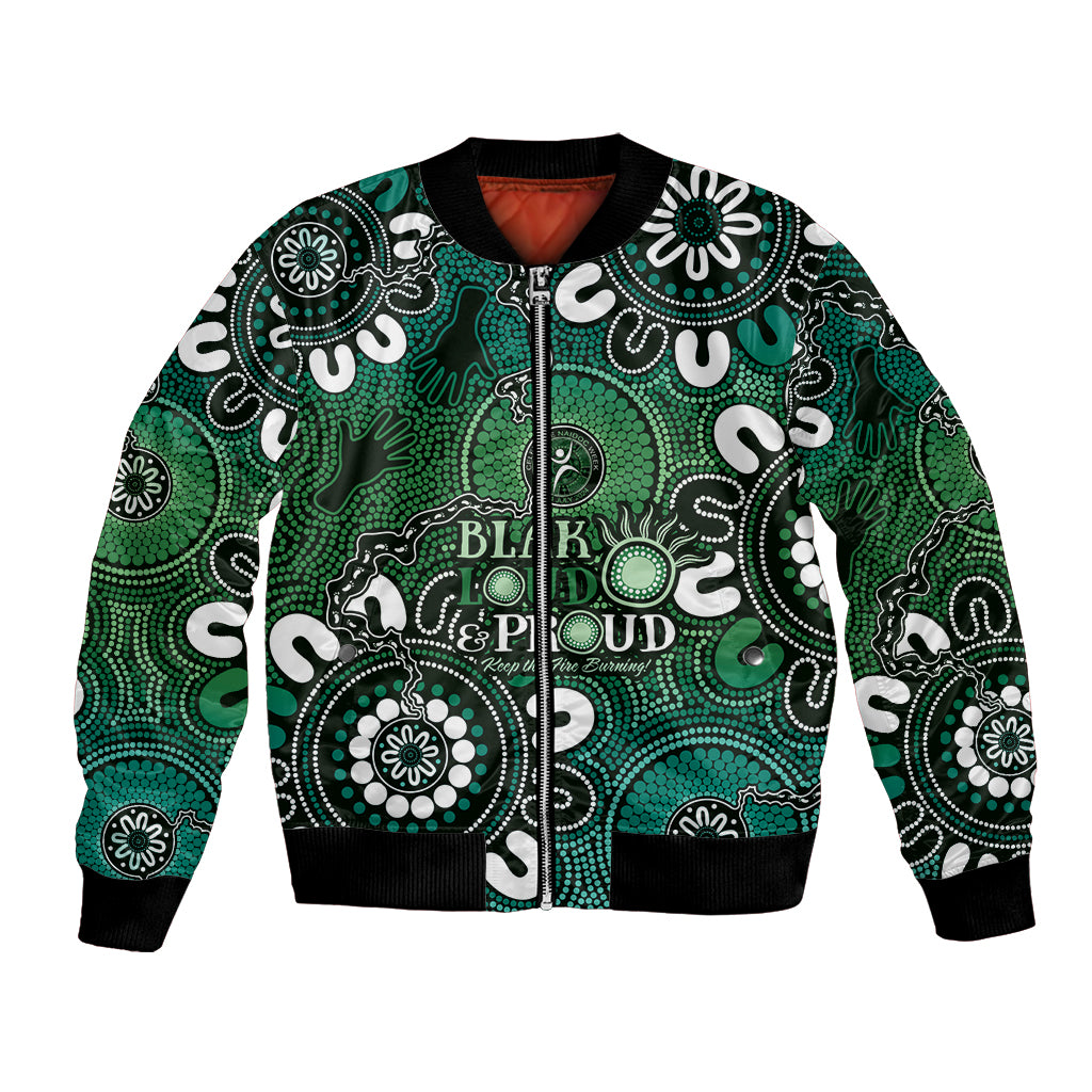 NAIDOC Week 2024 Fire Burning Bomber Jacket Aboriginal Dots Green Art
