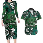 NAIDOC Week 2024 Fire Burning Couples Matching Long Sleeve Bodycon Dress and Hawaiian Shirt Aboriginal Dots Green Art