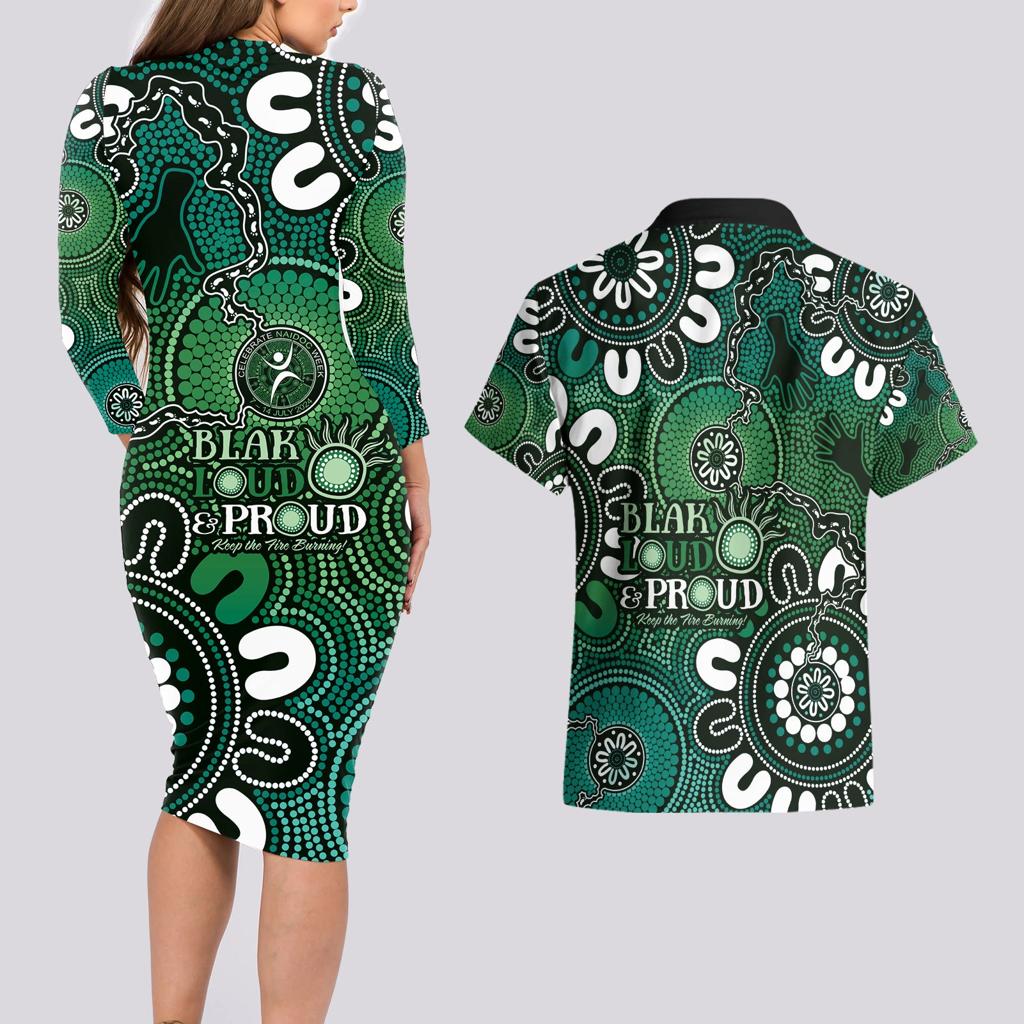 NAIDOC Week 2024 Fire Burning Couples Matching Long Sleeve Bodycon Dress and Hawaiian Shirt Aboriginal Dots Green Art