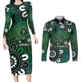 NAIDOC Week 2024 Fire Burning Couples Matching Long Sleeve Bodycon Dress and Long Sleeve Button Shirt Aboriginal Dots Green Art