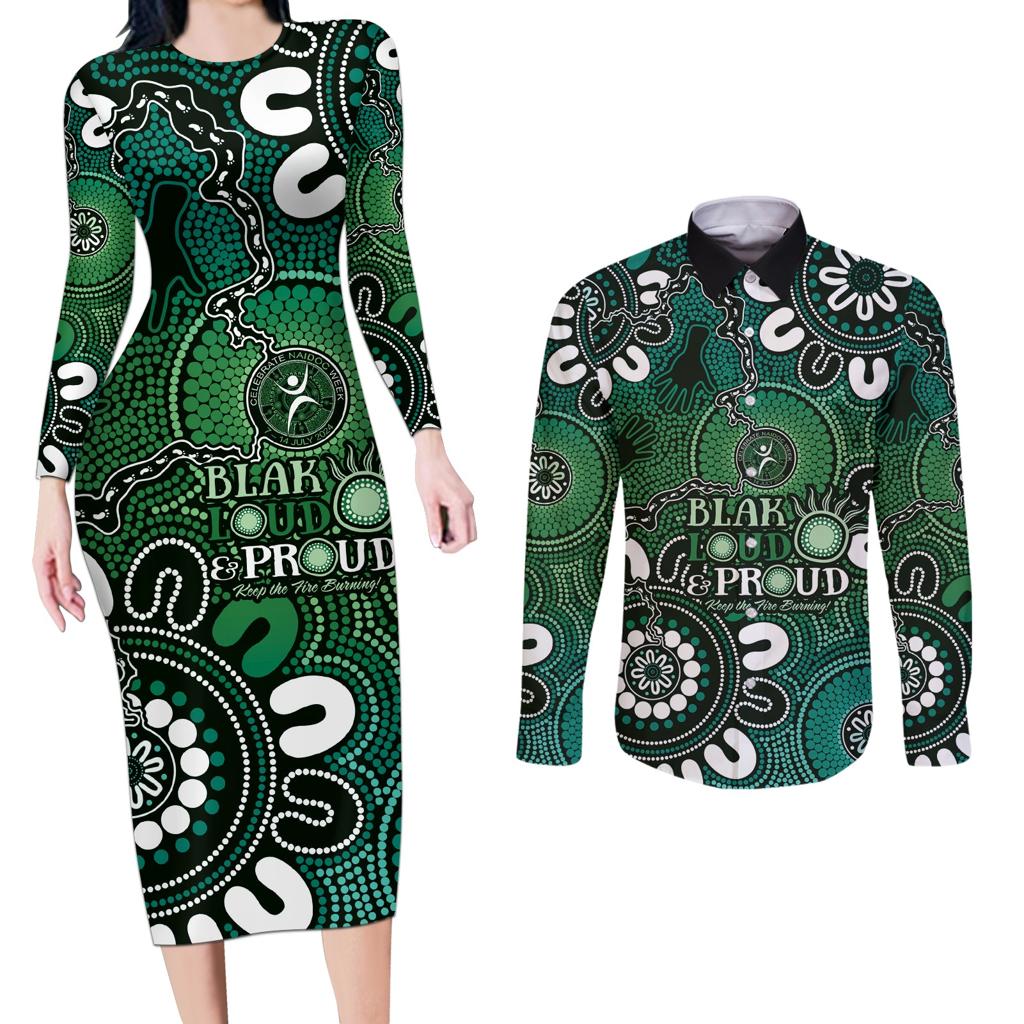 NAIDOC Week 2024 Fire Burning Couples Matching Long Sleeve Bodycon Dress and Long Sleeve Button Shirt Aboriginal Dots Green Art