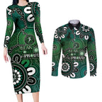 NAIDOC Week 2024 Fire Burning Couples Matching Long Sleeve Bodycon Dress and Long Sleeve Button Shirt Aboriginal Dots Green Art