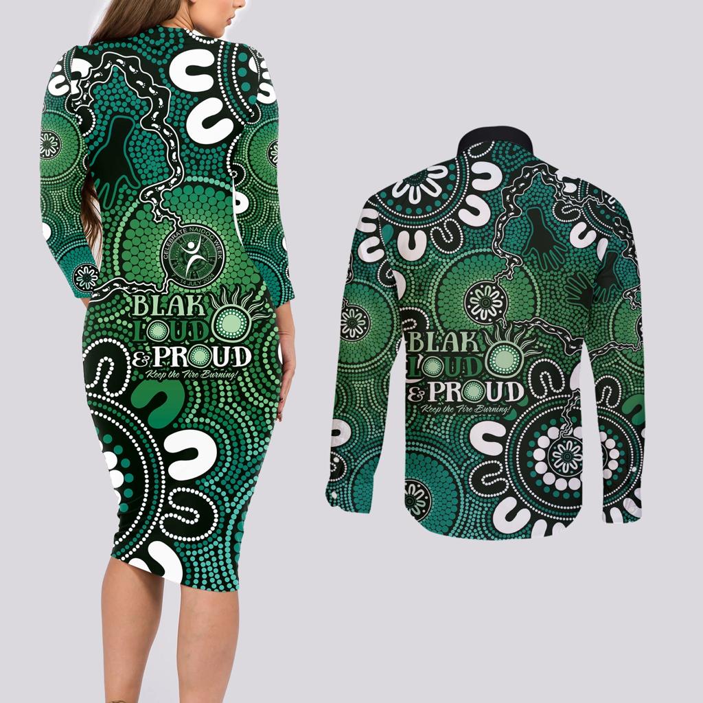 NAIDOC Week 2024 Fire Burning Couples Matching Long Sleeve Bodycon Dress and Long Sleeve Button Shirt Aboriginal Dots Green Art