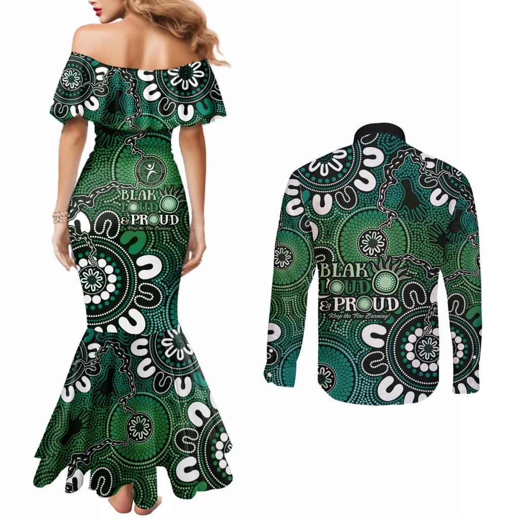 NAIDOC Week 2024 Fire Burning Couples Matching Mermaid Dress and Long Sleeve Button Shirt Aboriginal Dots Green Art