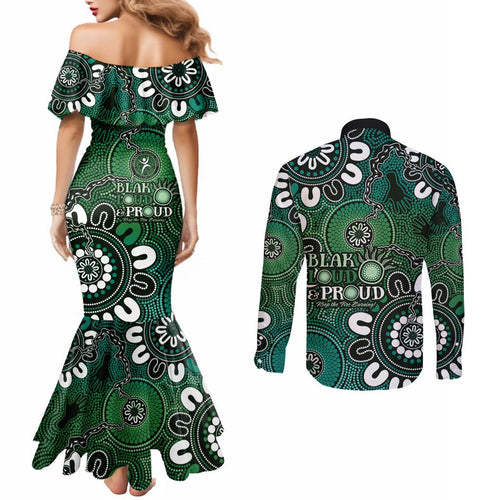 NAIDOC Week 2024 Fire Burning Couples Matching Mermaid Dress and Long Sleeve Button Shirt Aboriginal Dots Green Art