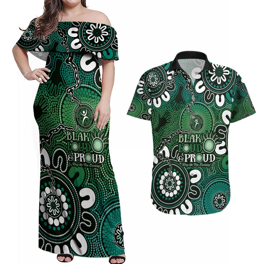 NAIDOC Week 2024 Fire Burning Couples Matching Off Shoulder Maxi Dress and Hawaiian Shirt Aboriginal Dots Green Art