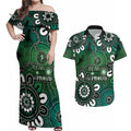 NAIDOC Week 2024 Fire Burning Couples Matching Off Shoulder Maxi Dress and Hawaiian Shirt Aboriginal Dots Green Art