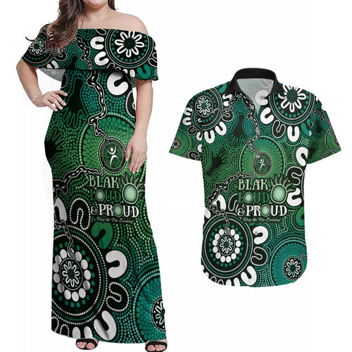 NAIDOC Week 2024 Fire Burning Couples Matching Off Shoulder Maxi Dress and Hawaiian Shirt Aboriginal Dots Green Art