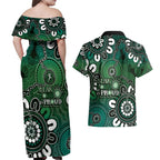 NAIDOC Week 2024 Fire Burning Couples Matching Off Shoulder Maxi Dress and Hawaiian Shirt Aboriginal Dots Green Art