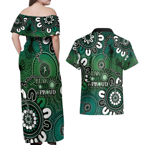 NAIDOC Week 2024 Fire Burning Couples Matching Off Shoulder Maxi Dress and Hawaiian Shirt Aboriginal Dots Green Art