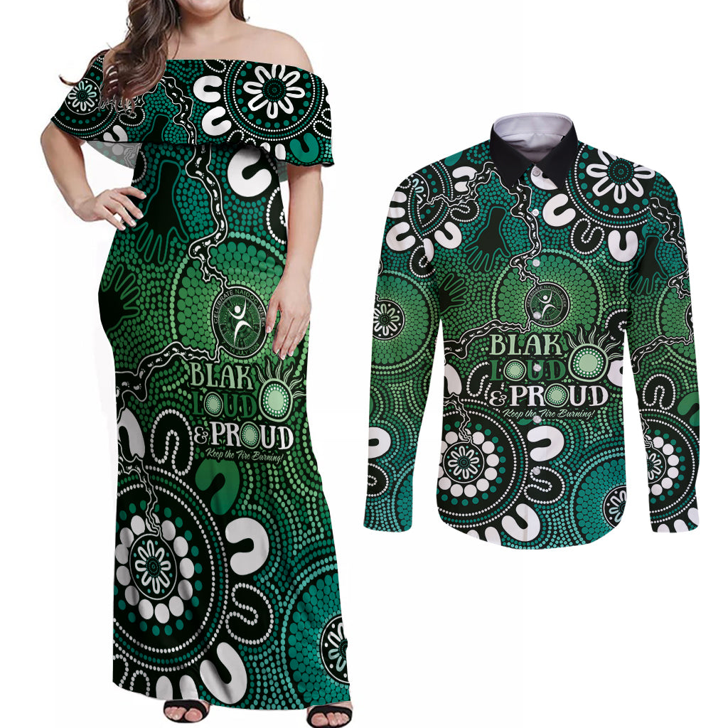 NAIDOC Week 2024 Fire Burning Couples Matching Off Shoulder Maxi Dress and Long Sleeve Button Shirt Aboriginal Dots Green Art