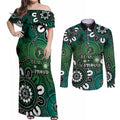 NAIDOC Week 2024 Fire Burning Couples Matching Off Shoulder Maxi Dress and Long Sleeve Button Shirt Aboriginal Dots Green Art